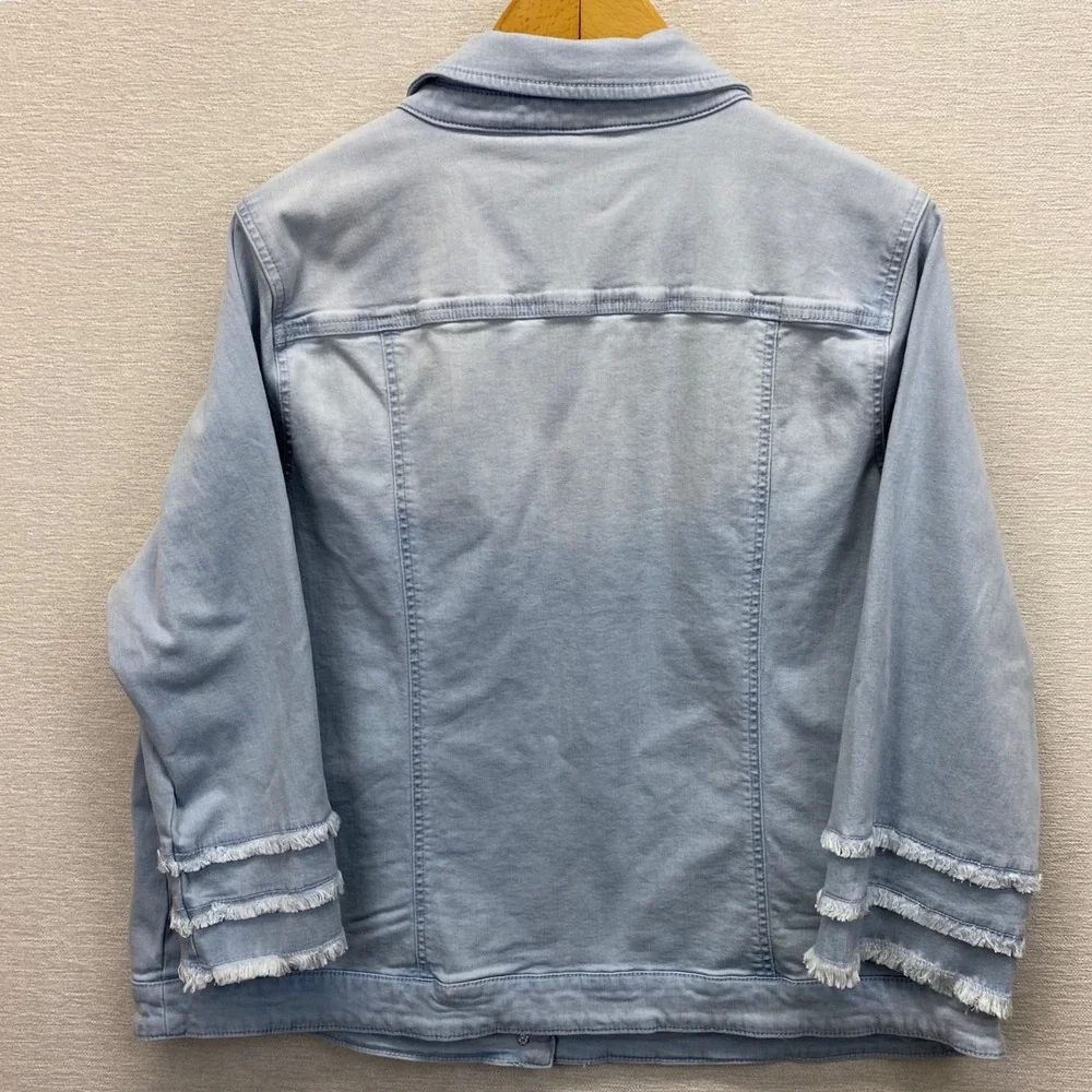 Belle‎ by Kim Gravel Light Wash Denim Jacket Triple Fringe Sleeve Plus Size 1X